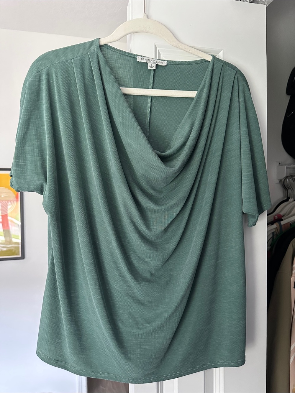 Green Envelope Draped Cowl Neck Tee in Seafoam
